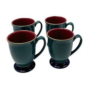 Denby Harlequin Coffee Mugs Coffee Green Red Lot 4 Pedestal Blue Footed Pottery